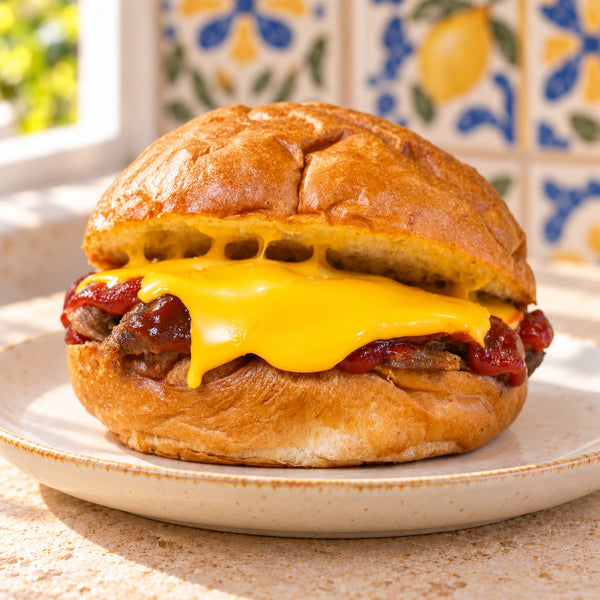 Panino Pulled Pork di Suino Nero dei Nebrodi con BBQ e cheddar, su piatto nella cucina siciliana