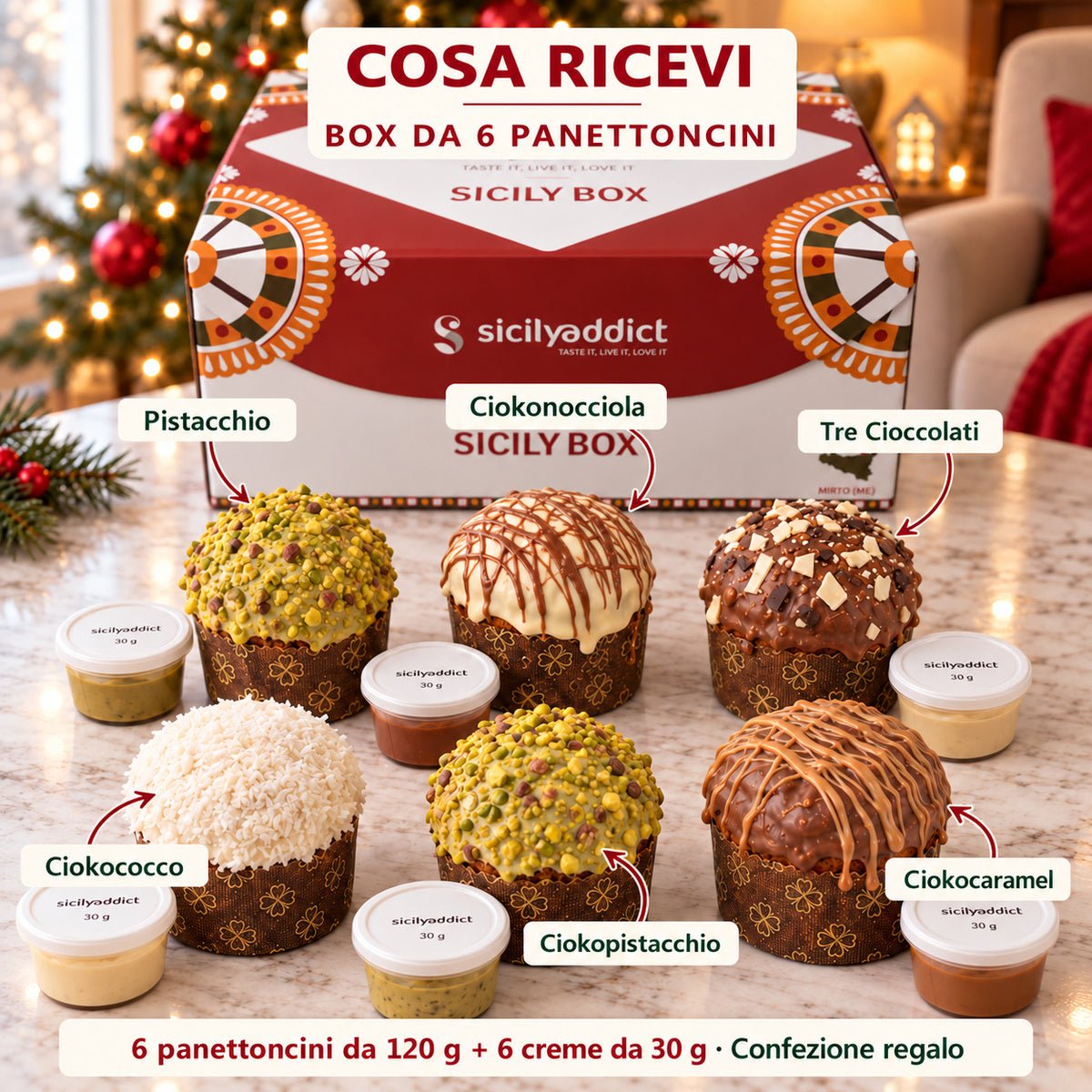 Infografica del contenuto della confezione: box di 6 panettoncini assortiti e scatola regalo.