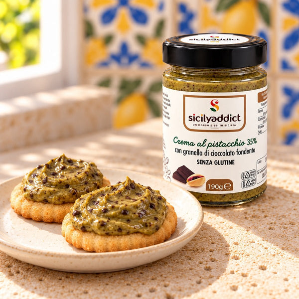 Crema al pistacchio 35% con granella di cioccolato fondente 190 g - SicilyAddict