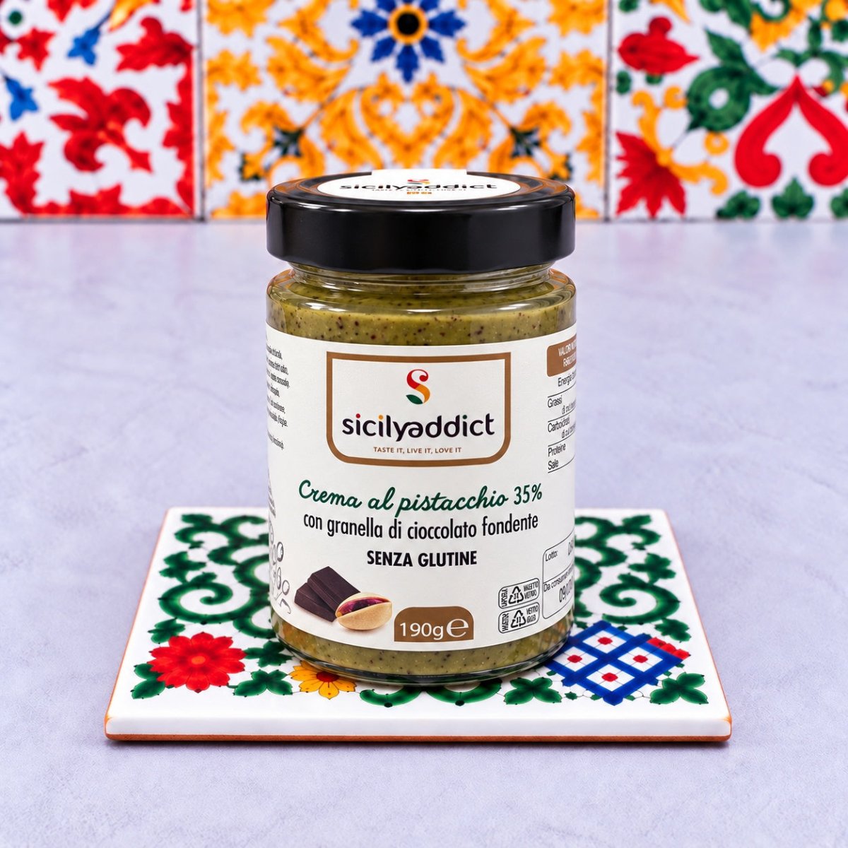 Crema al pistacchio 35% con granella di cioccolato fondente 190 g - SicilyAddict