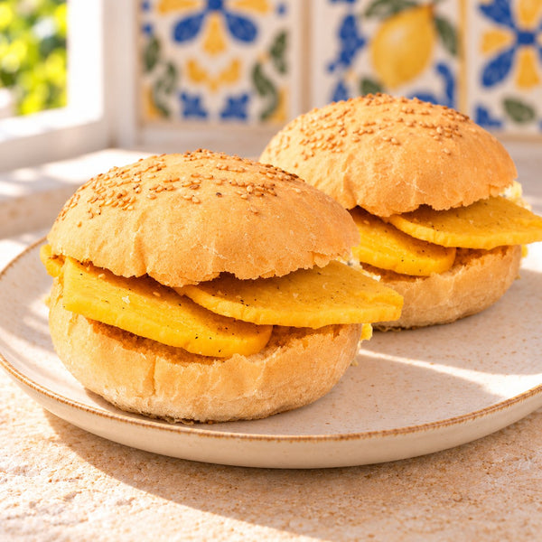 Due panini con panelle di ceci palermitane e pane al sesamo su piatto, proposta di servizio