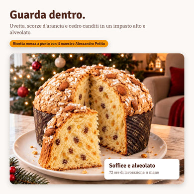 Interno del panettone tradizionale: uvetta, scorze d'arancia e cedro canditi in un impasto alto e alveolato