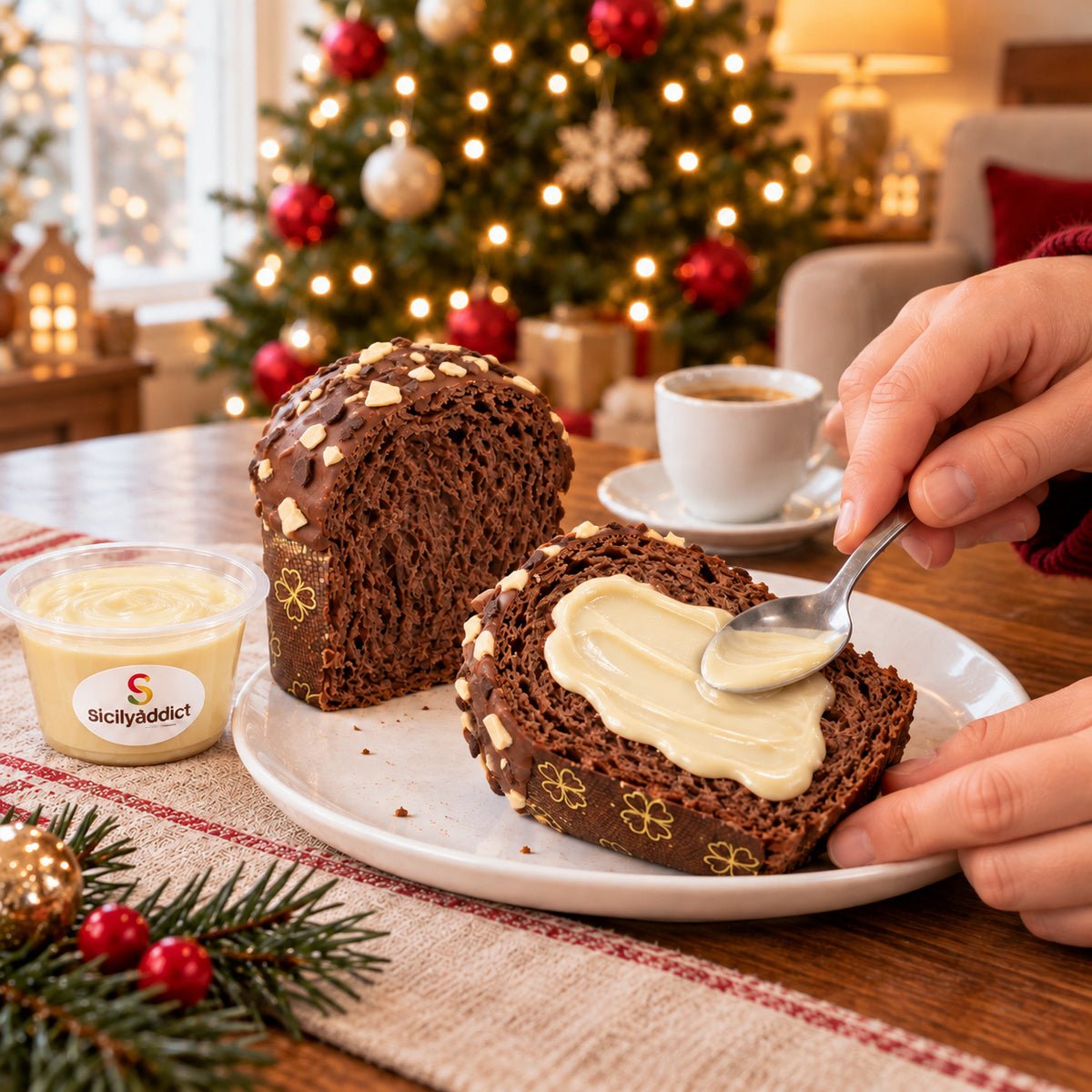 Panettoncino ai Tre Cioccolati con crema aggiunta al momento su una fetta.