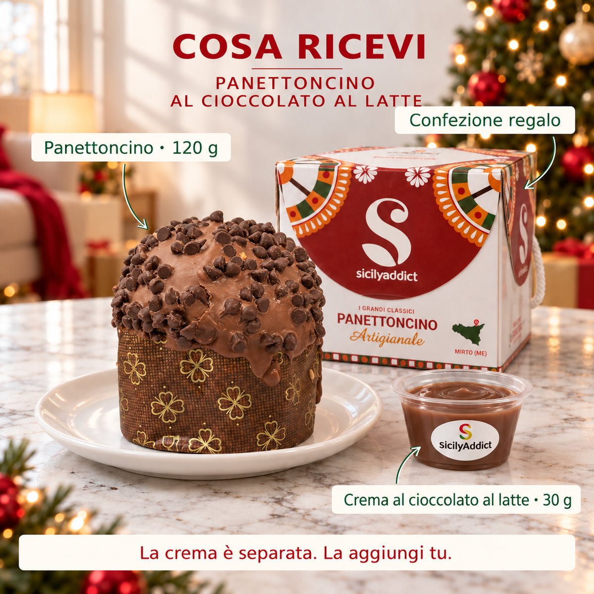 Infografica del contenuto della confezione: panettoncino al cioccolato al latte con crema separata e scatola regalo.