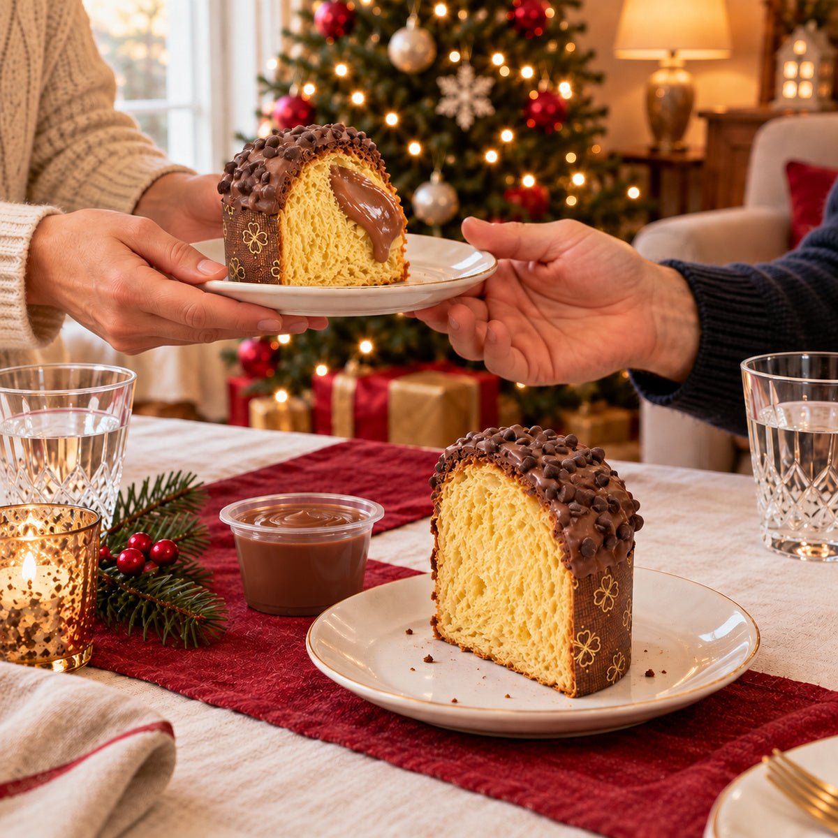 Panettoncino al cioccolato al latte servito su una tavola apparecchiata per Natale.