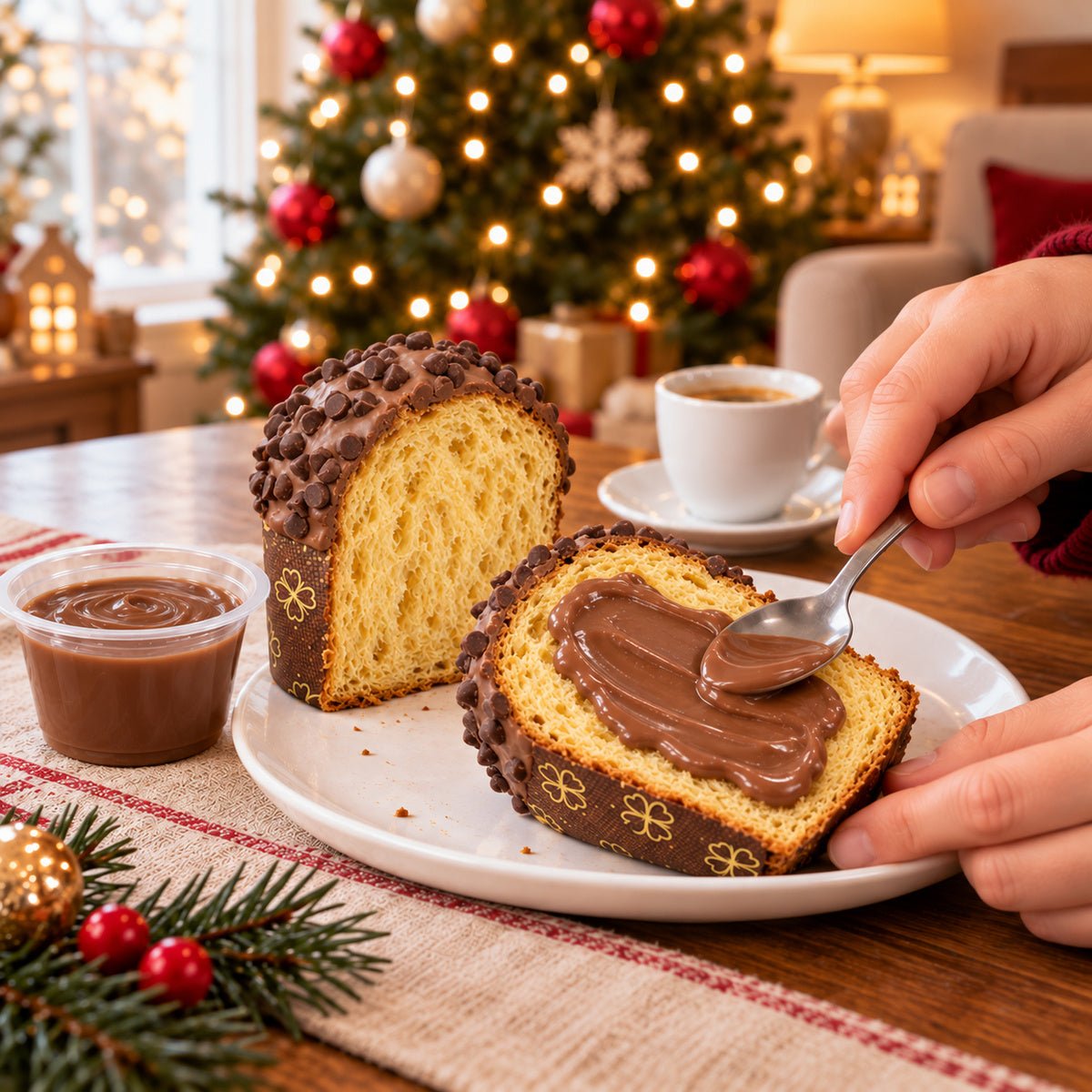 Panettoncino al cioccolato al latte con crema aggiunta al momento su una fetta.