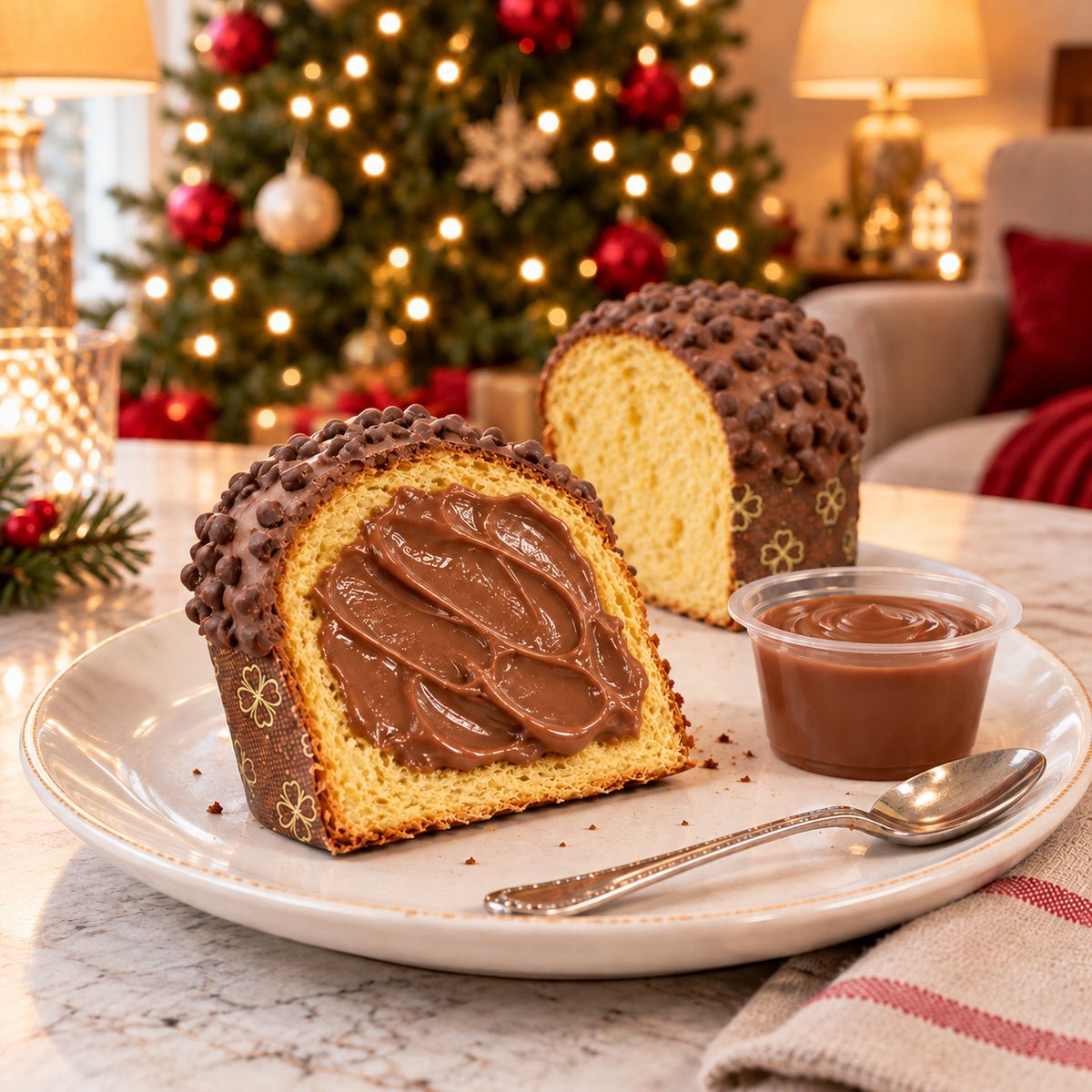 Panettoncino al cioccolato al latte con una fetta guarnita di crema in primo piano.