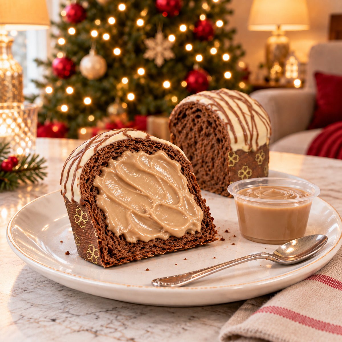 Panettoncino al cioccolato e nocciole Ciokonocciola con una fetta guarnita di crema in primo piano.