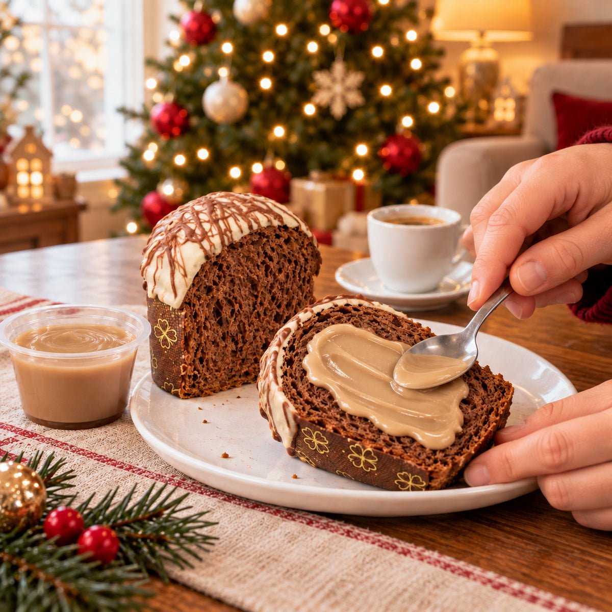 Panettoncino al cioccolato e nocciole Ciokonocciola con crema aggiunta al momento su una fetta.