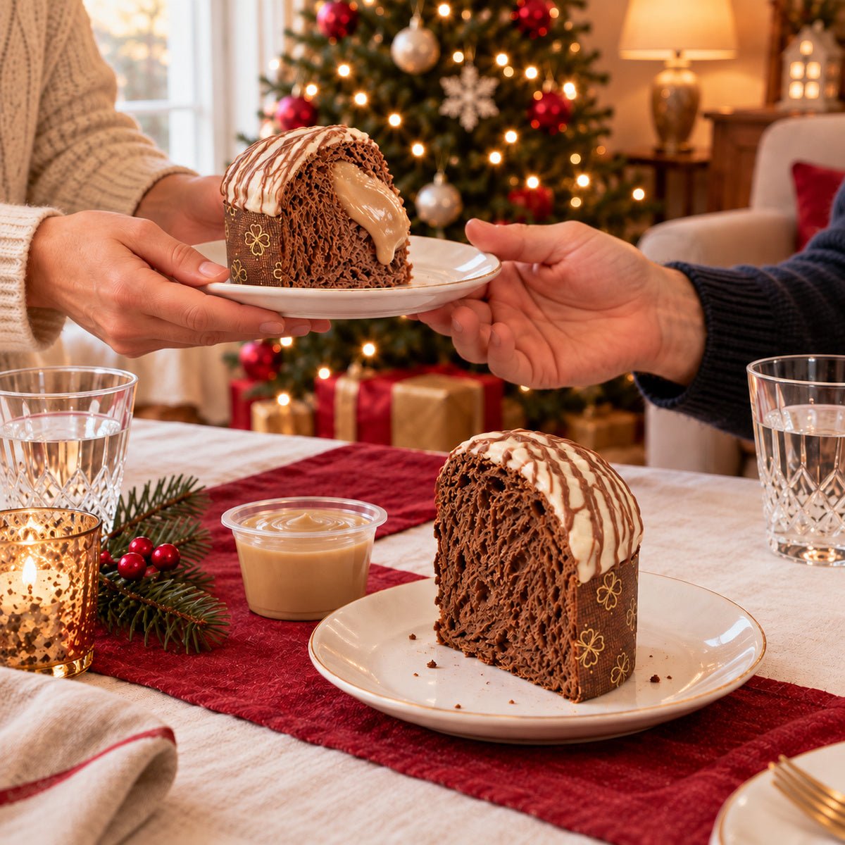 Panettoncino al cioccolato e nocciole Ciokonocciola servito su una tavola apparecchiata per Natale.