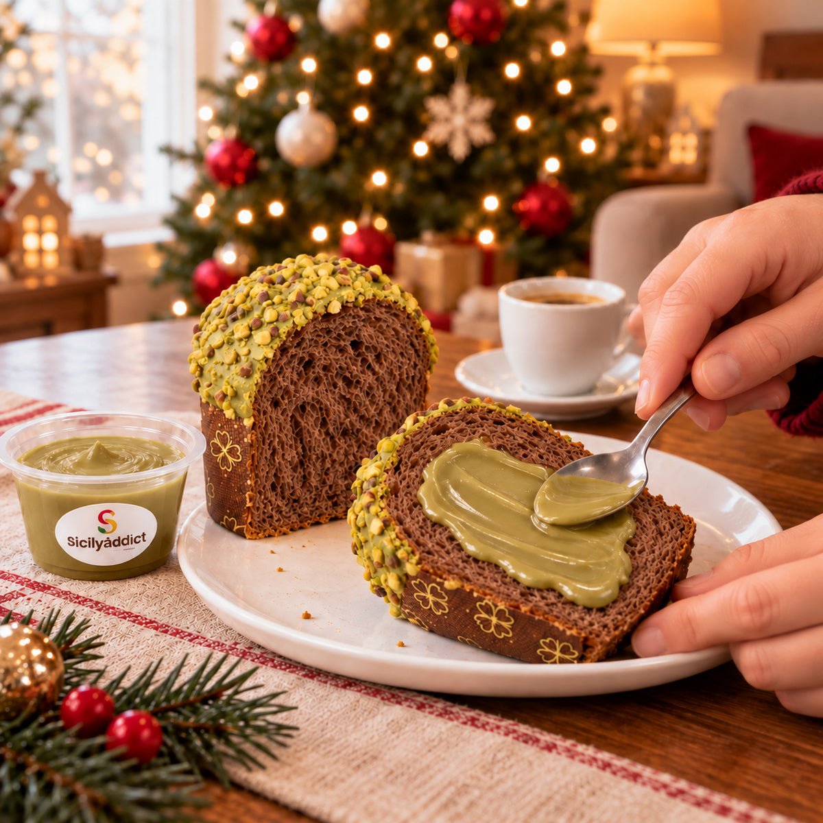 Panettoncino al cioccolato e pistacchio ciokopistacchio con crema aggiunta al momento su una fetta.