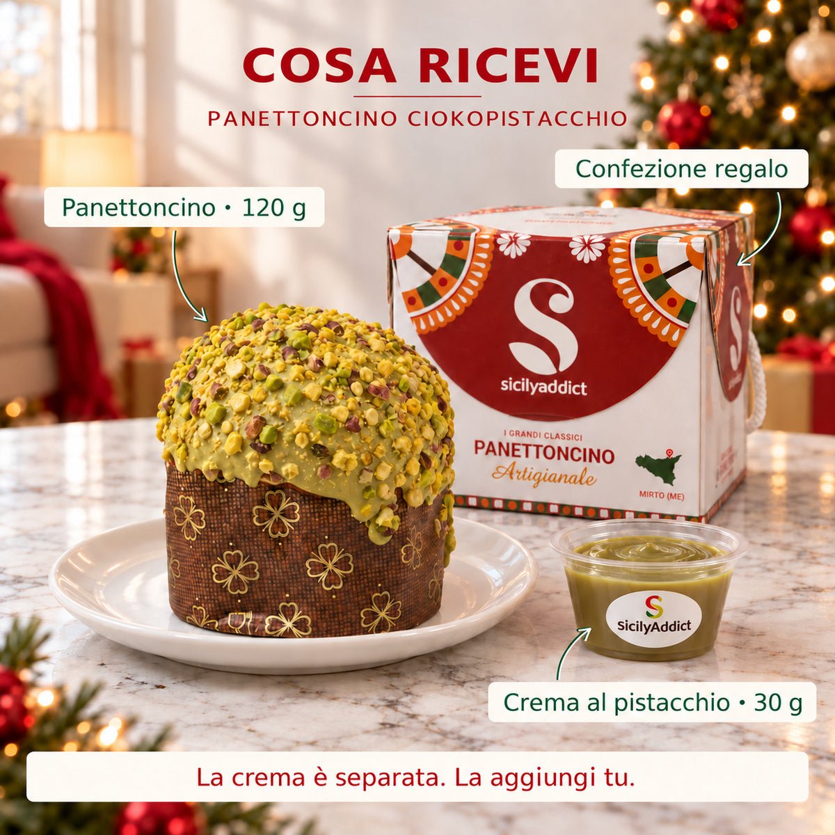 Infografica del contenuto della confezione: panettoncino al cioccolato e pistacchio ciokopistacchio con crema separata e scatola regalo.
