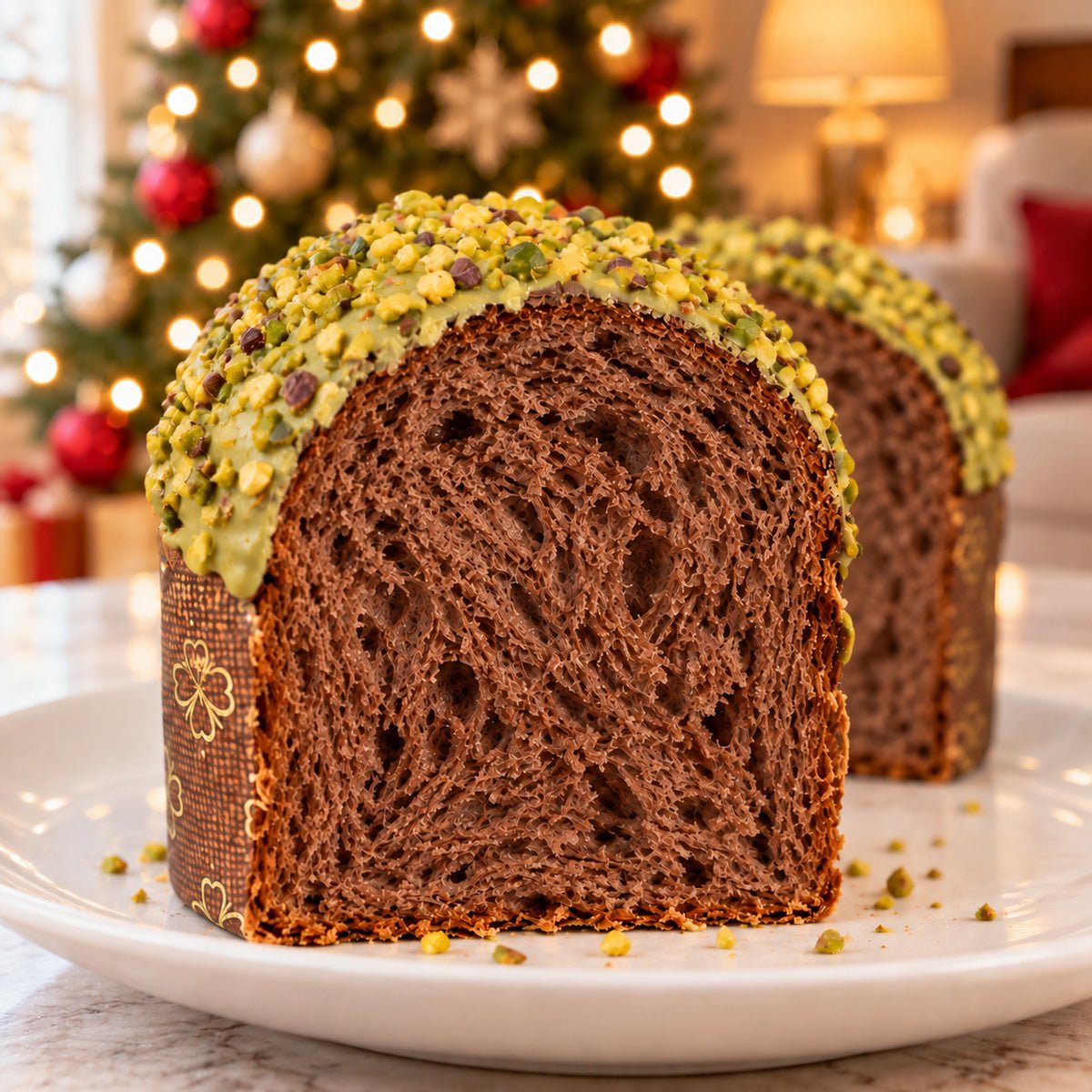 Panettoncino al cioccolato e pistacchio ciokopistacchio con dettaglio dell’interno e dell’alveolatura.