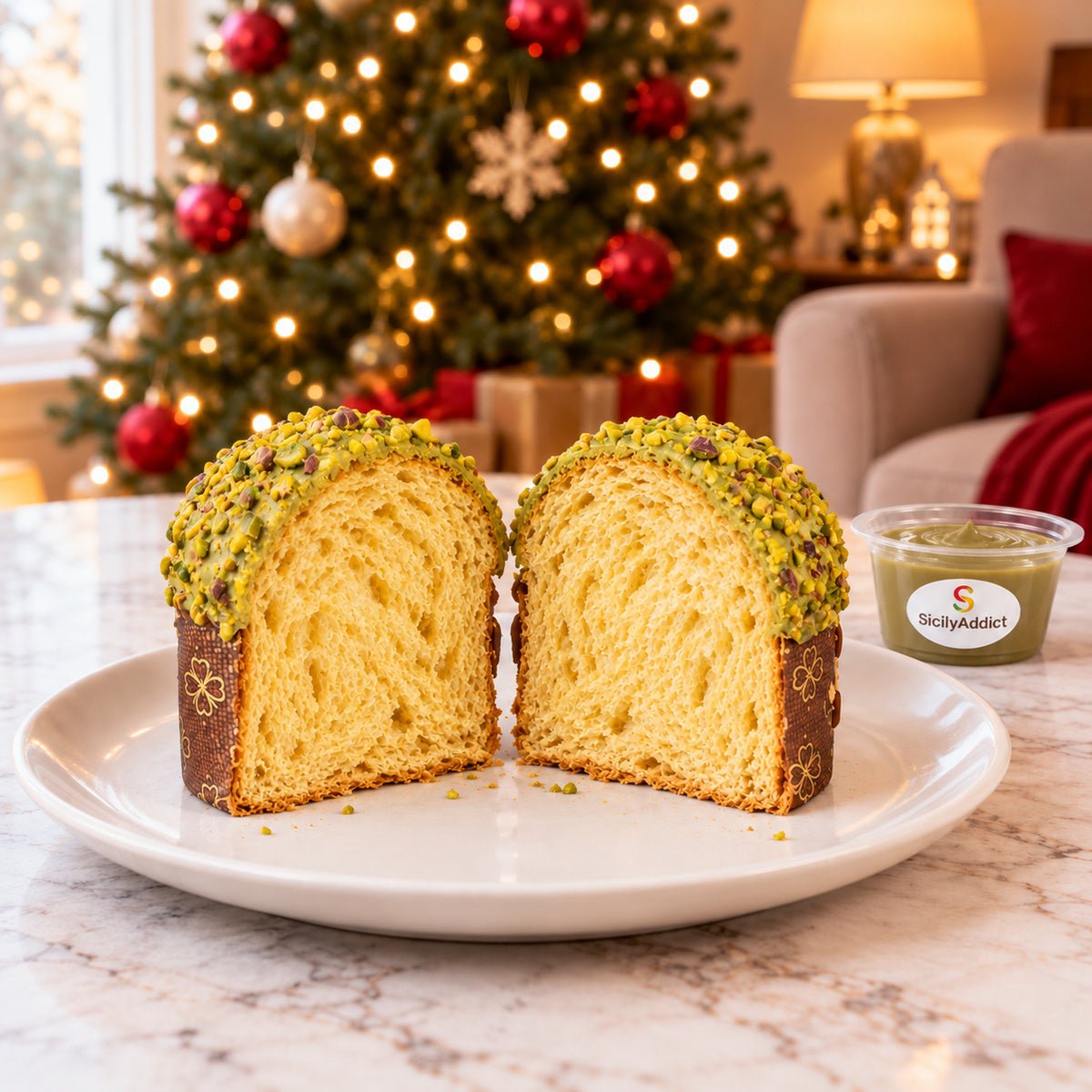 Panettoncino al pistacchio tagliato per mostrare l’interno dell’impasto.