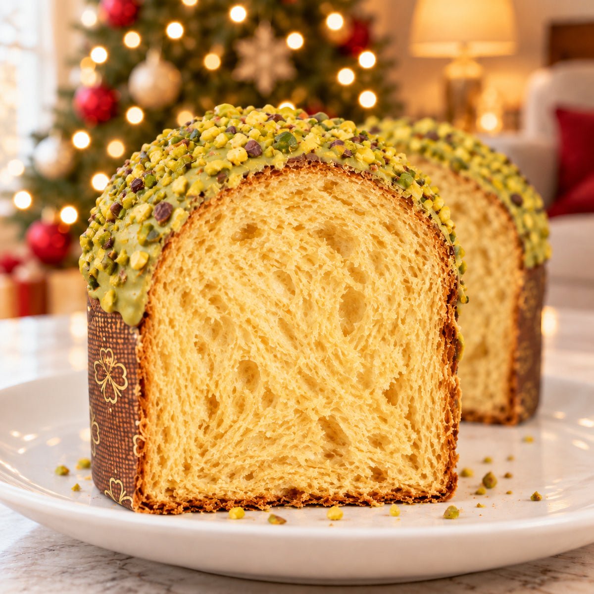 Panettoncino al pistacchio con dettaglio dell’interno e dell’alveolatura.