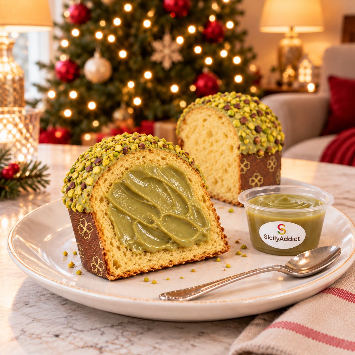 Panettoncino al pistacchio con una fetta guarnita di crema in primo piano.