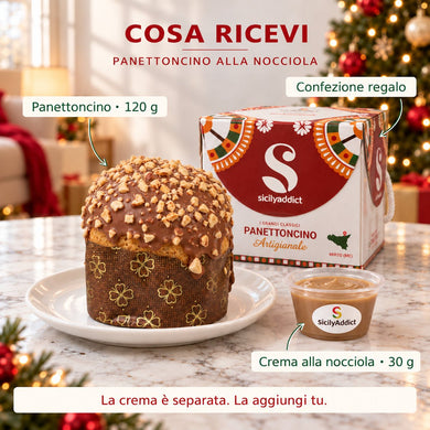Infografica del contenuto della confezione: panettoncino alla nocciola con crema separata e scatola regalo.