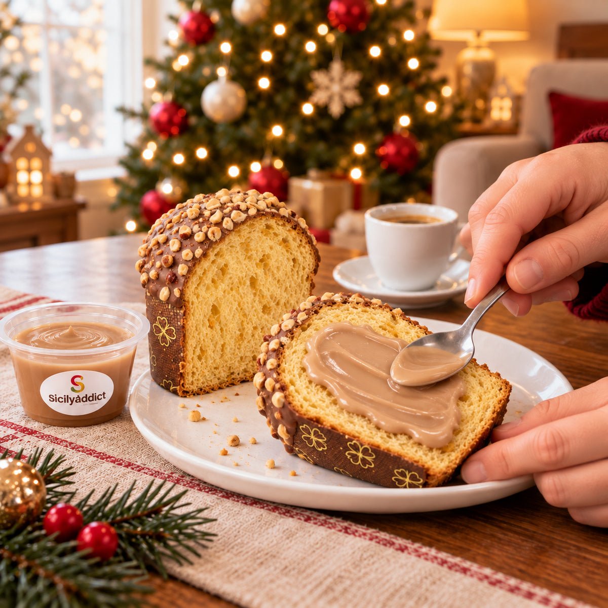 Panettoncino alla nocciola con crema aggiunta al momento su una fetta.
