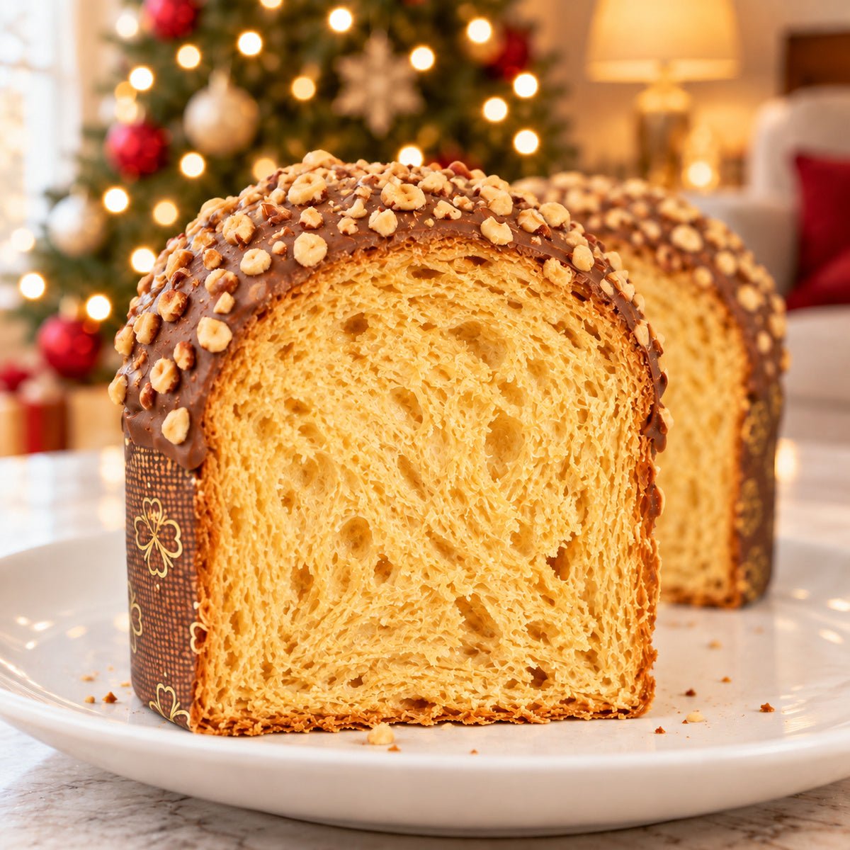 Panettoncino alla nocciola con dettaglio dell’interno e dell’alveolatura.