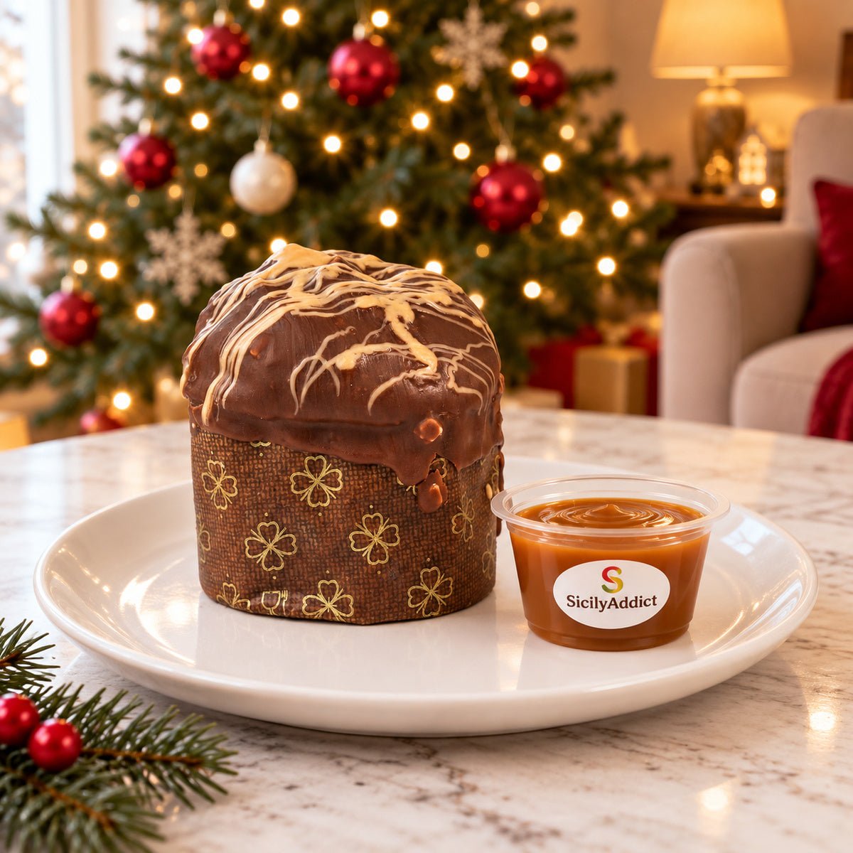 Panettoncino ciokocaramel intero su un piatto, con decorazioni natalizie sullo sfondo.
