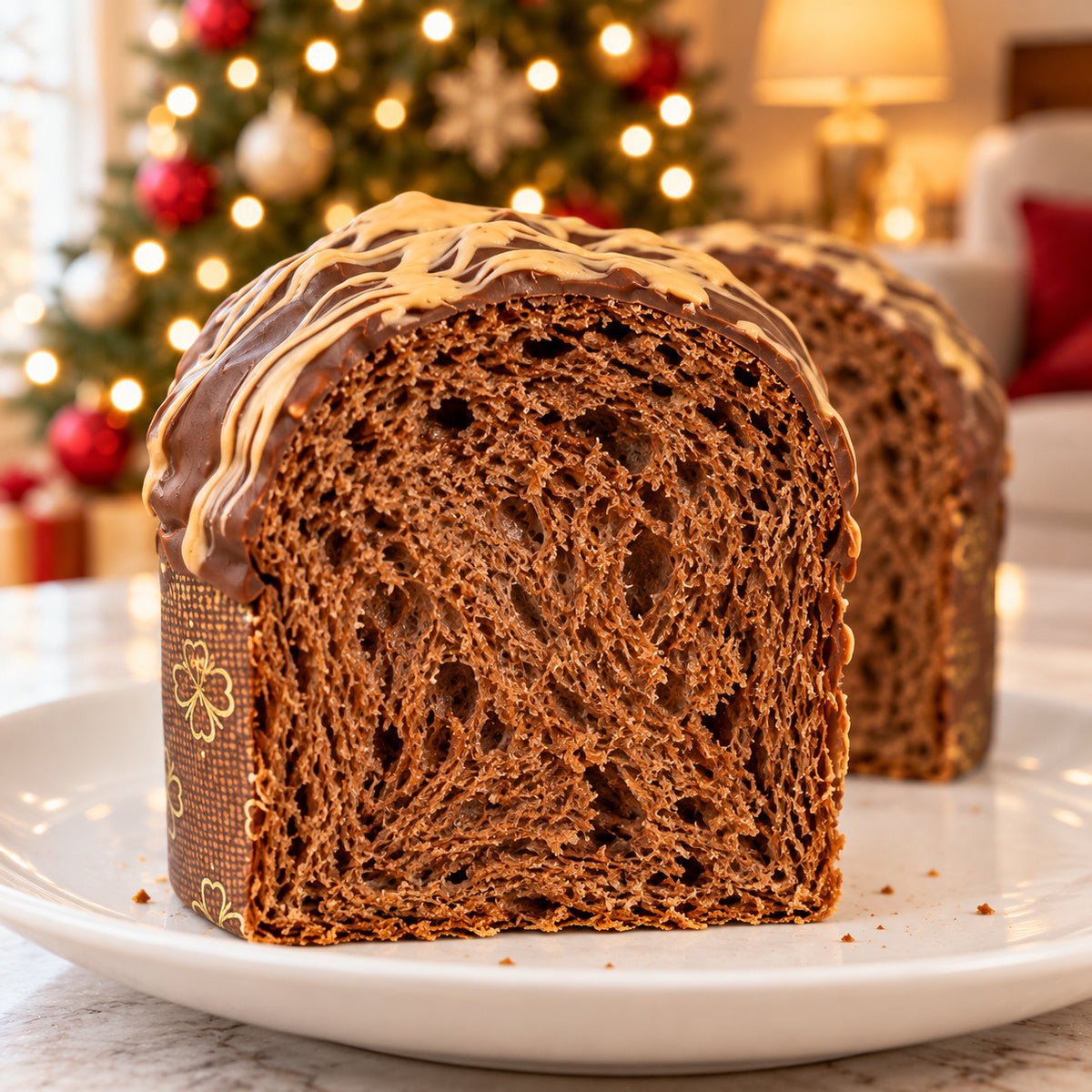 Panettoncino ciokocaramel con dettaglio dell’interno e dell’alveolatura.