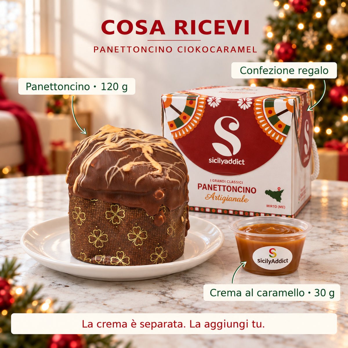 Infografica del contenuto della confezione: panettoncino ciokocaramel con crema separata e scatola regalo.