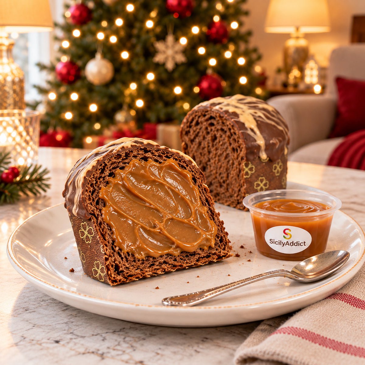 Panettoncino ciokocaramel con una fetta guarnita di crema in primo piano.