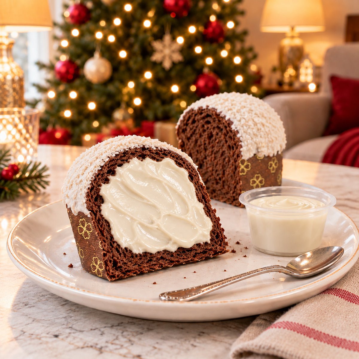 Panettoncino ciokococco con una fetta guarnita di crema in primo piano.