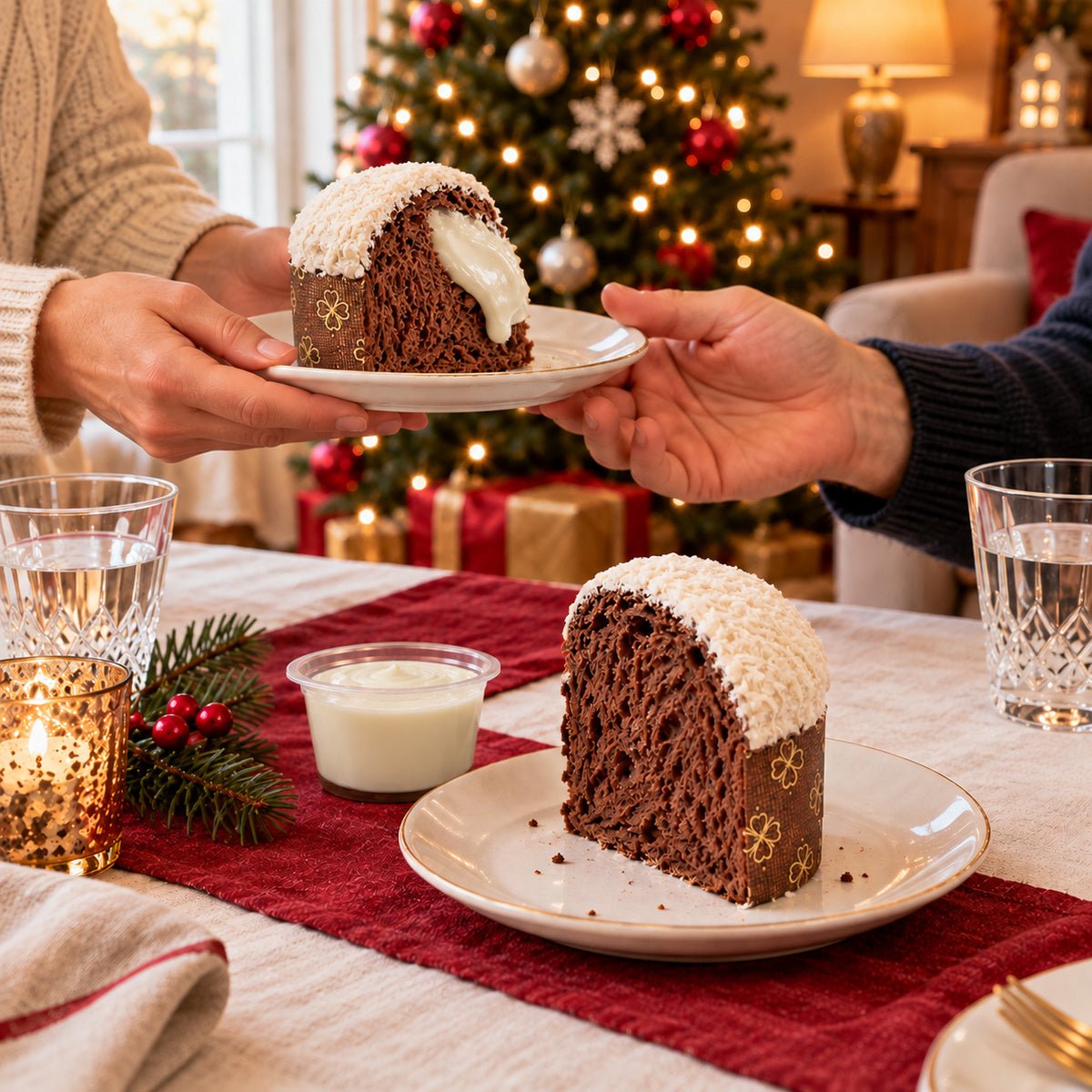 Panettoncino ciokococco servito su una tavola apparecchiata per Natale.