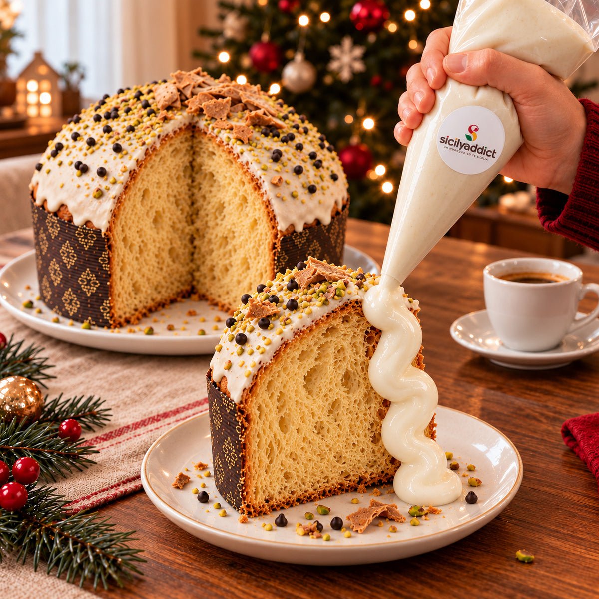 Panettone al cannolo siciliano con crema aggiunta al momento su una fetta.