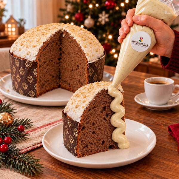 Panettone al cioccolato bianco e cereali ciokocereali con crema aggiunta al momento su una fetta.