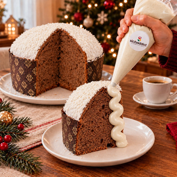 Panettone al cioccolato e Cocco Ciokococco con crema aggiunta al momento su una fetta.