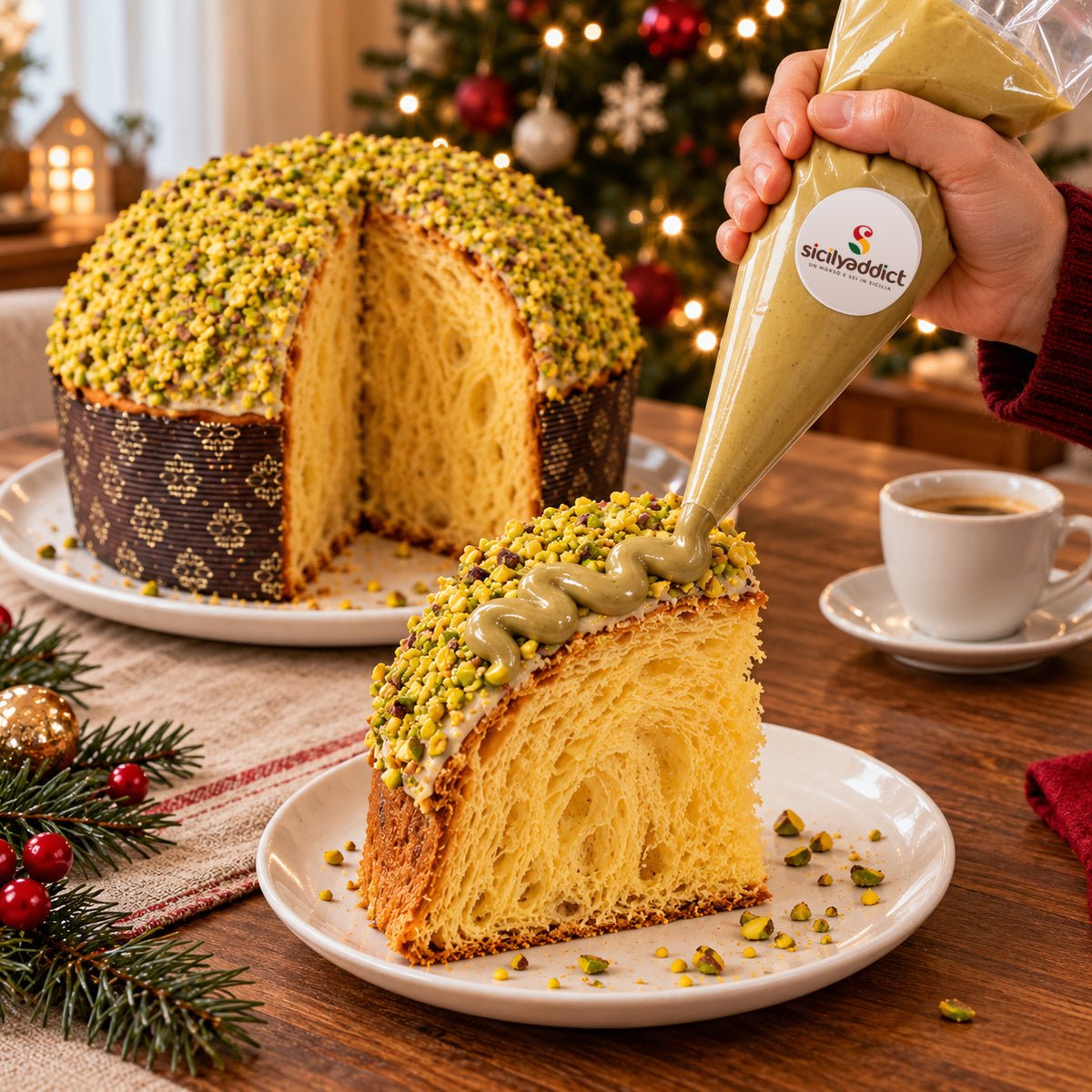 Dettaglio del panettone incluso nella SicilyBox, con crema aggiunta sulla fetta dalla sac à poche separata.