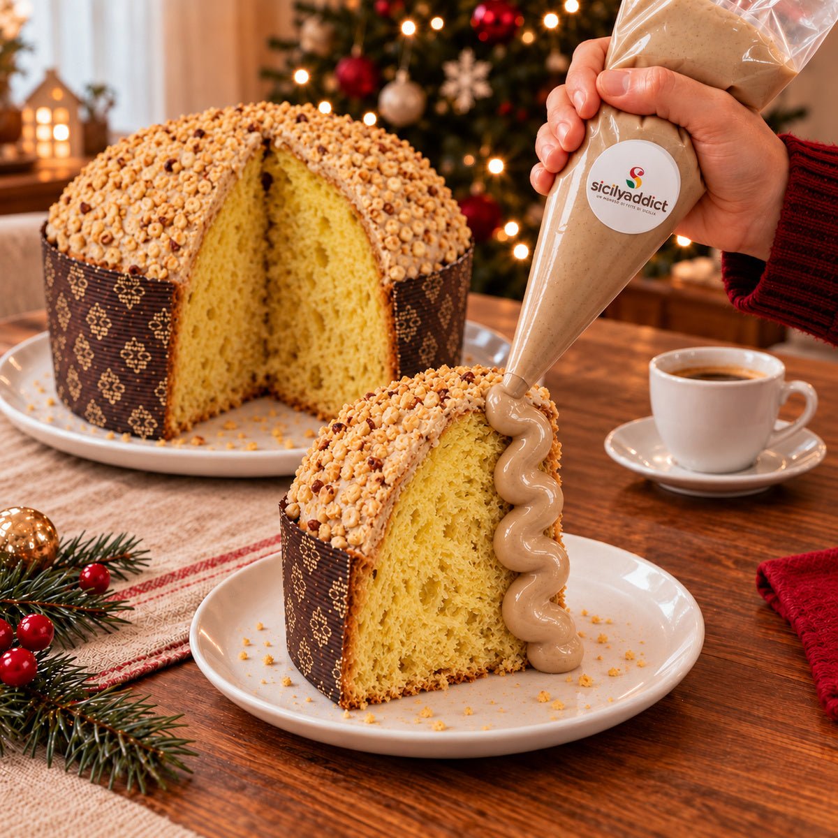 Dettaglio del panettone incluso nella SicilyBox, con crema aggiunta sulla fetta dalla sac à poche separata.