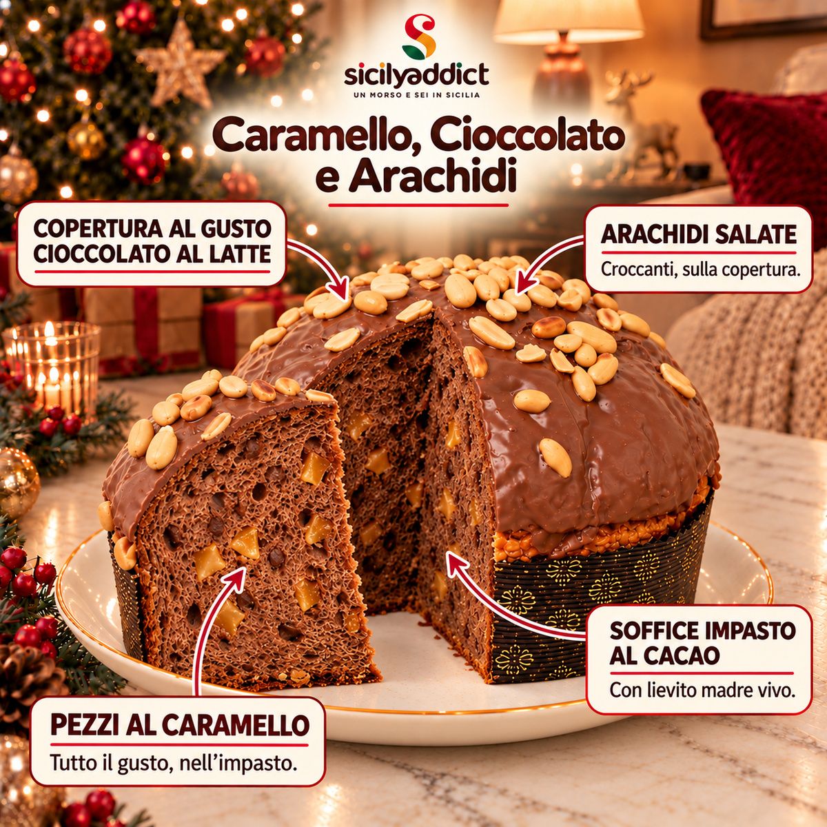 Panettone artigianale Caramello, Cioccolato e Arachidi - SicilyAddict
