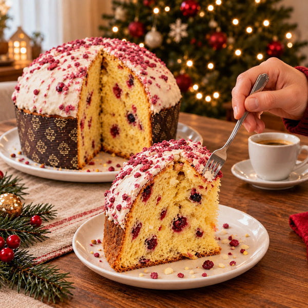 Panettone Frutti di Bosco e Cioccolato Bianco con una fetta servita su un piatto, accanto al dolce tagliato.