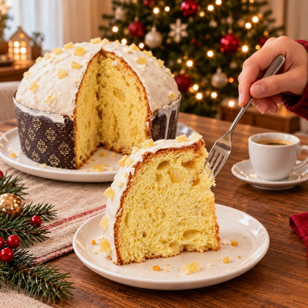 Panettone Limone e Cioccolato Bianco con una fetta servita su un piatto, accanto al dolce tagliato.