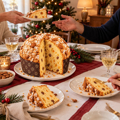 Panettone tradizionale servito su una tavola apparecchiata per Natale.