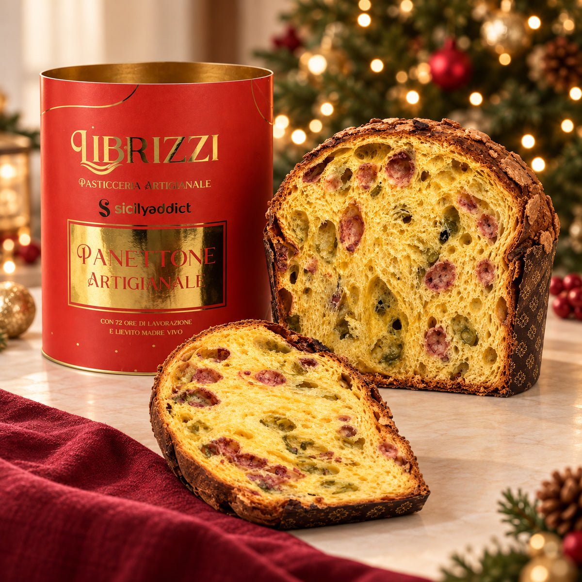 Panettone pistacchio e lamponi Librizzi Deluxe di SicilyAddict, tagliato con fetta e confezione rossa