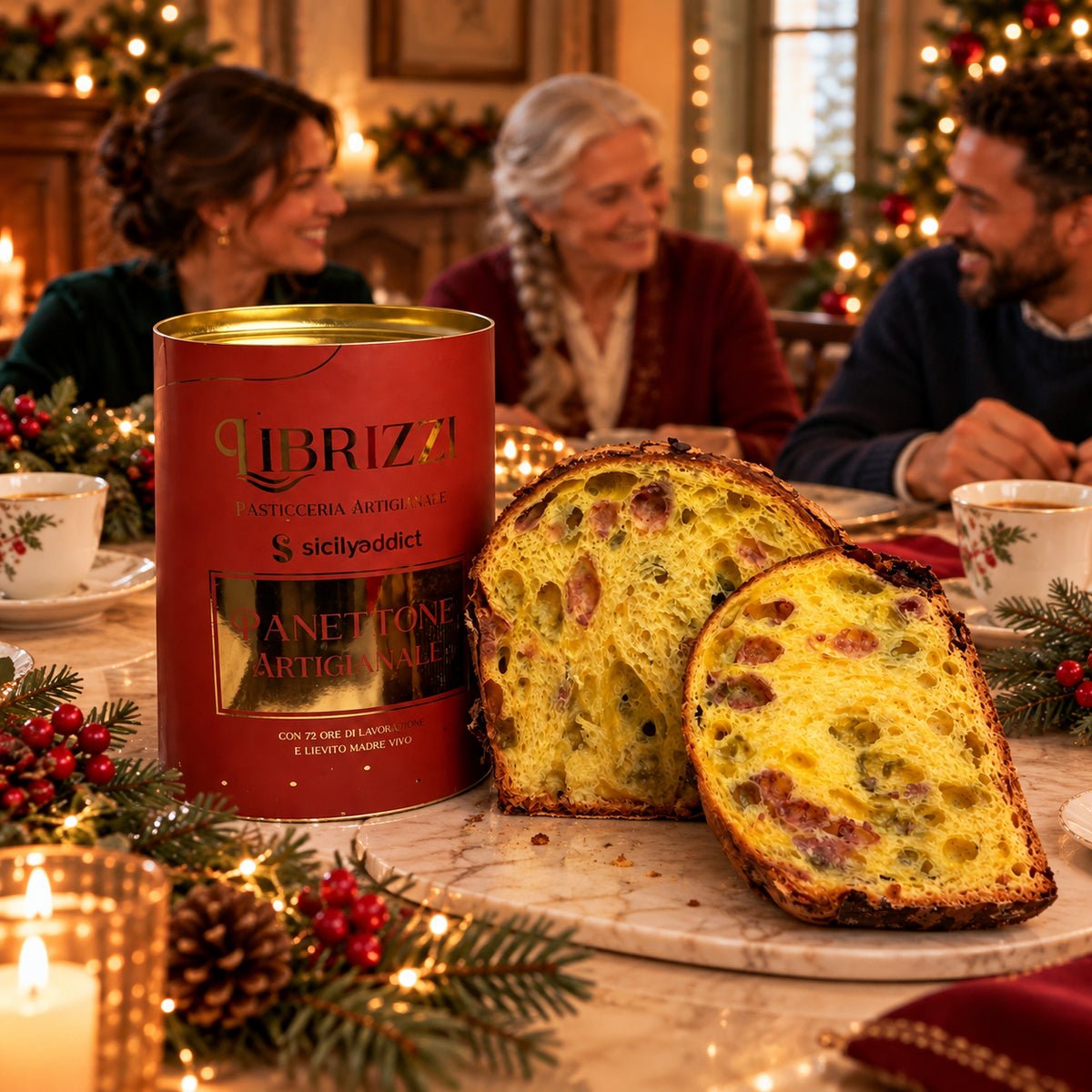 Panettone pistacchio e lamponi Librizzi Deluxe di SicilyAddict, con confezione rossa su una tavola di famiglia