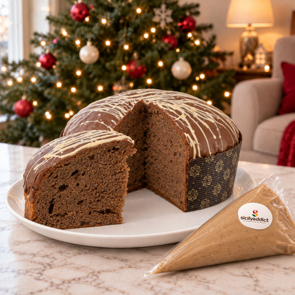 Panettone Ciokonocciola al cacao tagliato e fetta staccata senza farcitura interna, con crema alla nocciola in sac à poche separata.