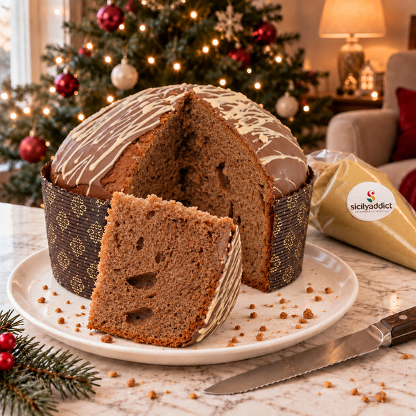 Panettone Ciokocaramel al cioccolato e caramello salato SicilyAddict, tagliato con mollica visibile e fetta.