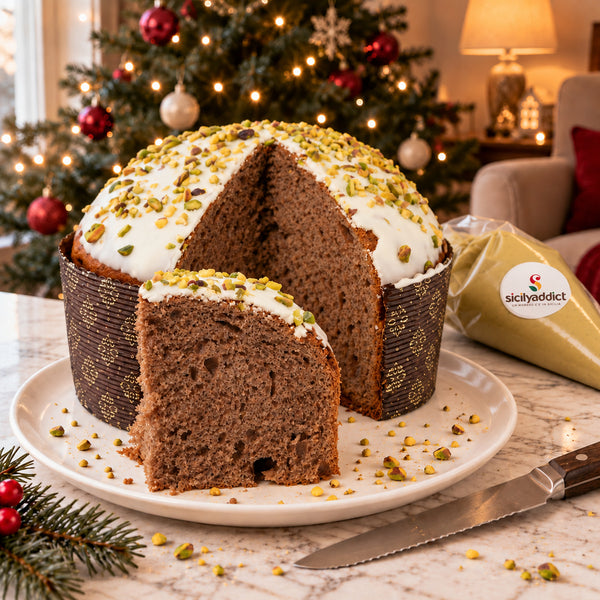 Panettone Ciokopistacchio al cioccolato e pistacchio SicilyAddict, tagliato con mollica visibile e fetta.