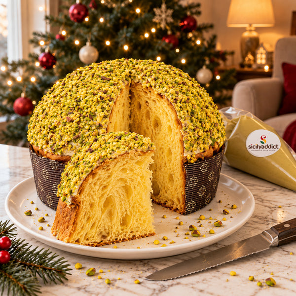 Panettone al pistacchio SicilyAddict tagliato, con mollica senza farcitura e sac à poche di crema separata.