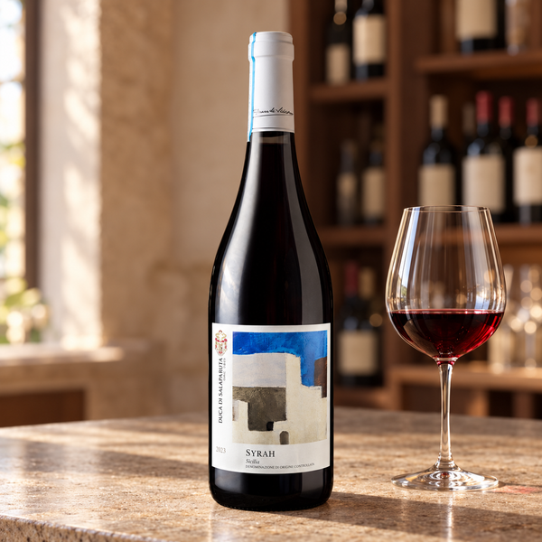 Syrah Duca di Salaparuta con calice da degustazione nell’ambientazione calda di un’enoteca.