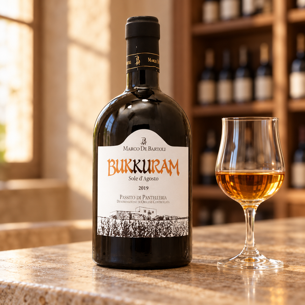 Bukkuram Sole D'Agosto Passito di Pantelleria DOC con calice da degustazione nell’ambientazione calda di un’enoteca.