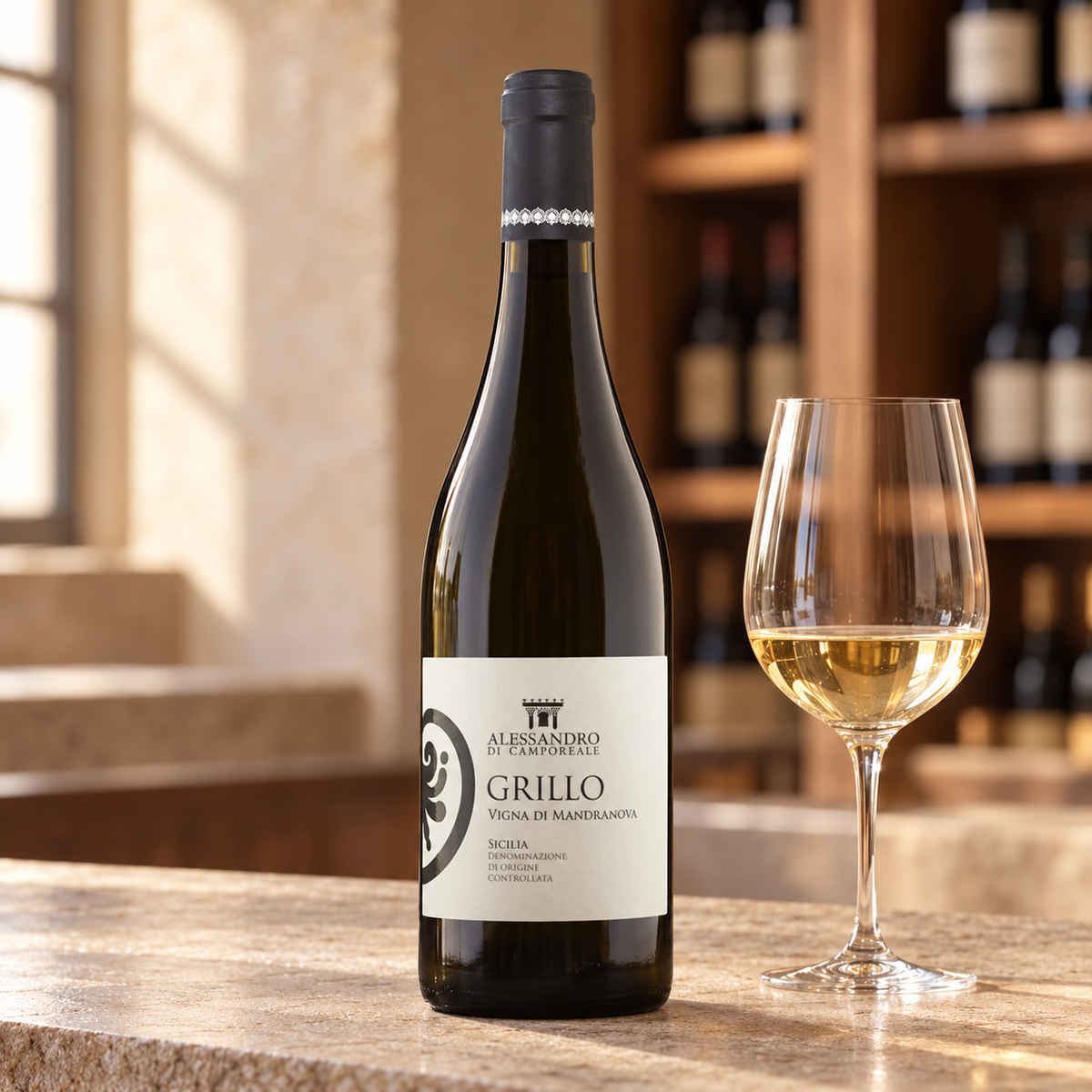 Grillo vigna di Mandranova con calice da degustazione nell’ambientazione calda di un’enoteca.