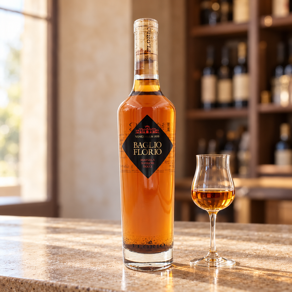 Baglio Florio Marsala con calice da degustazione nell’ambientazione calda di un’enoteca.