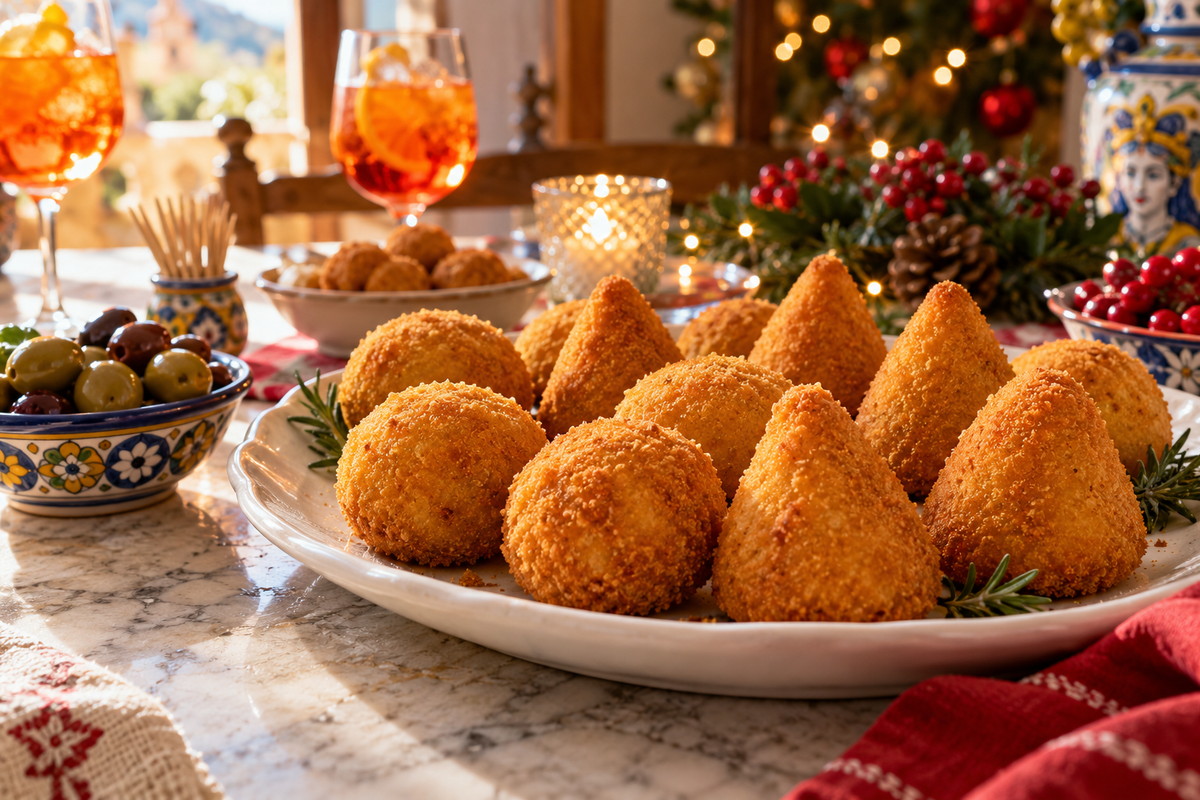 Arancini dorati su un vassoio per l'aperitivo di Natale