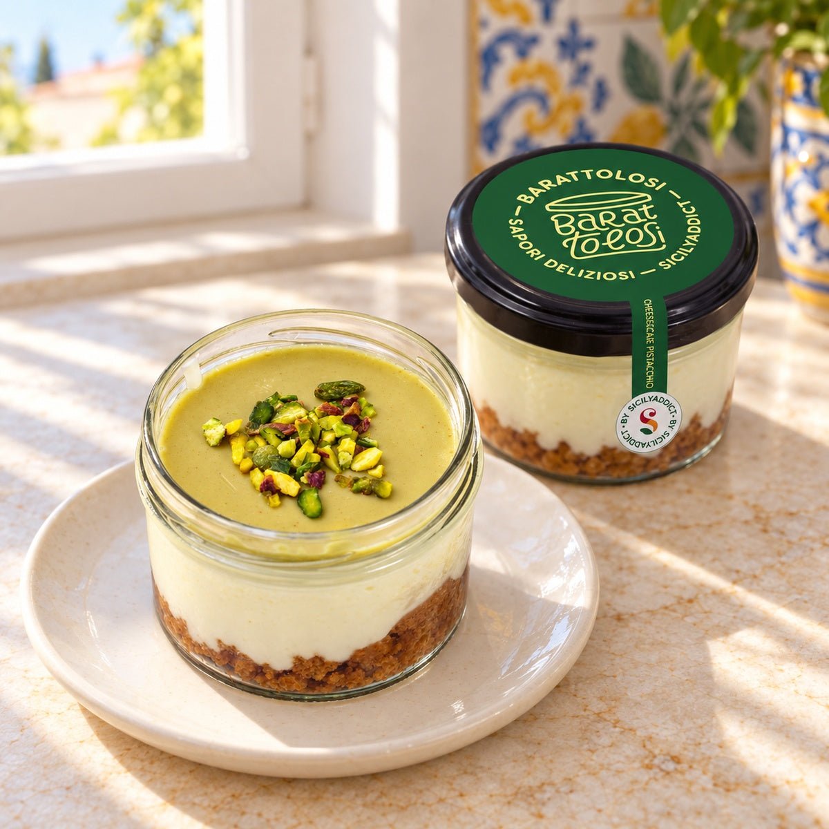 Cheesecake al pistacchio in barattolo con granella